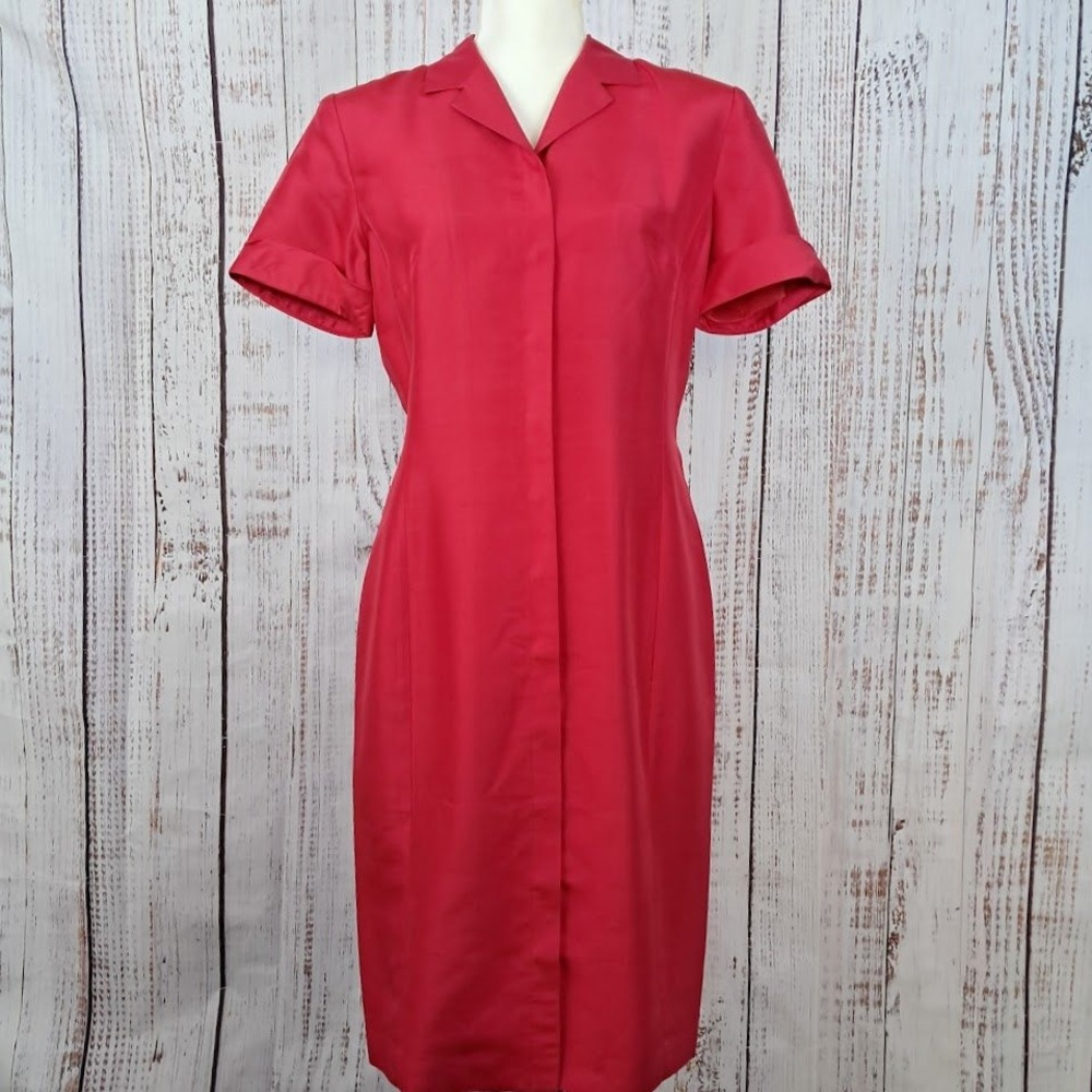 Vintage 90s August Silk 6 Red 100% Silk Fitted Shirt Dress Sheath Midi Tailored